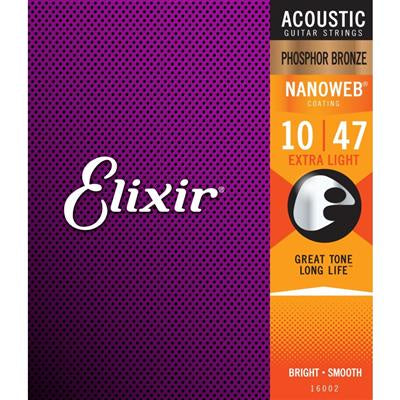 Elixir Acoustic Guitar Strings - Extra Light/10-47, Phosphor Bronze, Nanoweb Coating
