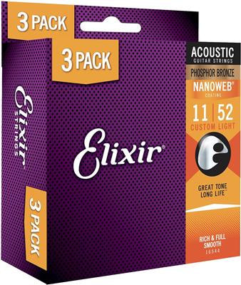 Elixir Acoustic Guitar Strings - Custom Light/11-52, Phosphor Bronze, Nanoweb Coating - 3 PACK