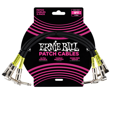 Ernie Ball Patch Cable - Angled / Black, 1 ft - 3 PACK