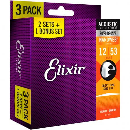 Elixir Acoustic Guitar Strings - Light/12-53, Nanoweb Coating - 3 PACK