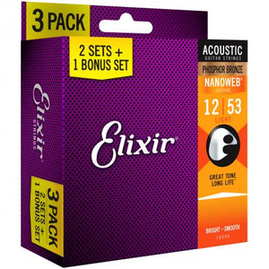 Elixir Acoustic Guitar Strings- Light/12-53, Phosphor Bronze, Nanoweb Coating - 3 PACK